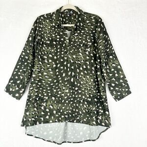 Boho Chic V Neck Tunic Top Hi Low Size Large Leoprd Green Collared